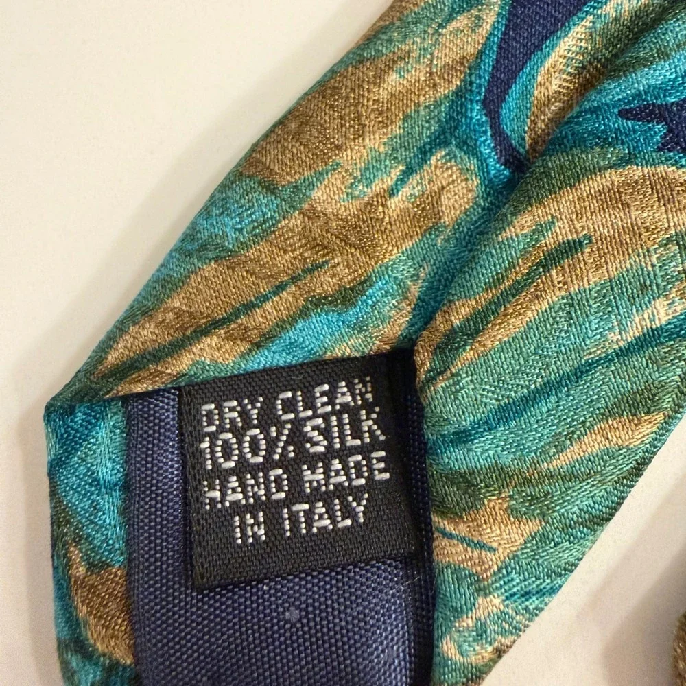 Marina Di Carrara Mens Silk Tie Teal Gold Leaf Botanical Hand‎ Made Italy